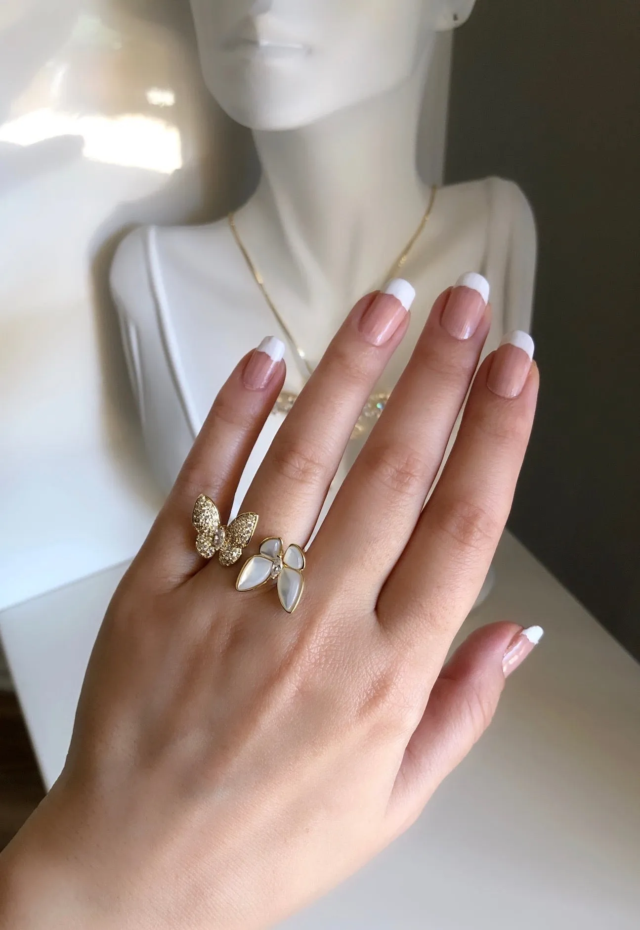 14k Gold Plated Diamond & pearl Moonlight Butterfly Ring