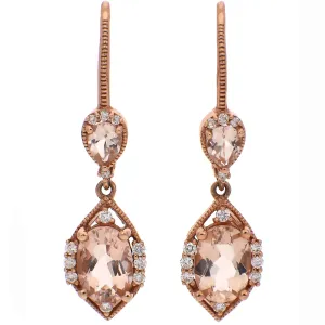 14K Rose Gold Pear Shaped and Oval Morganite and Diamond Dangle Earrings
