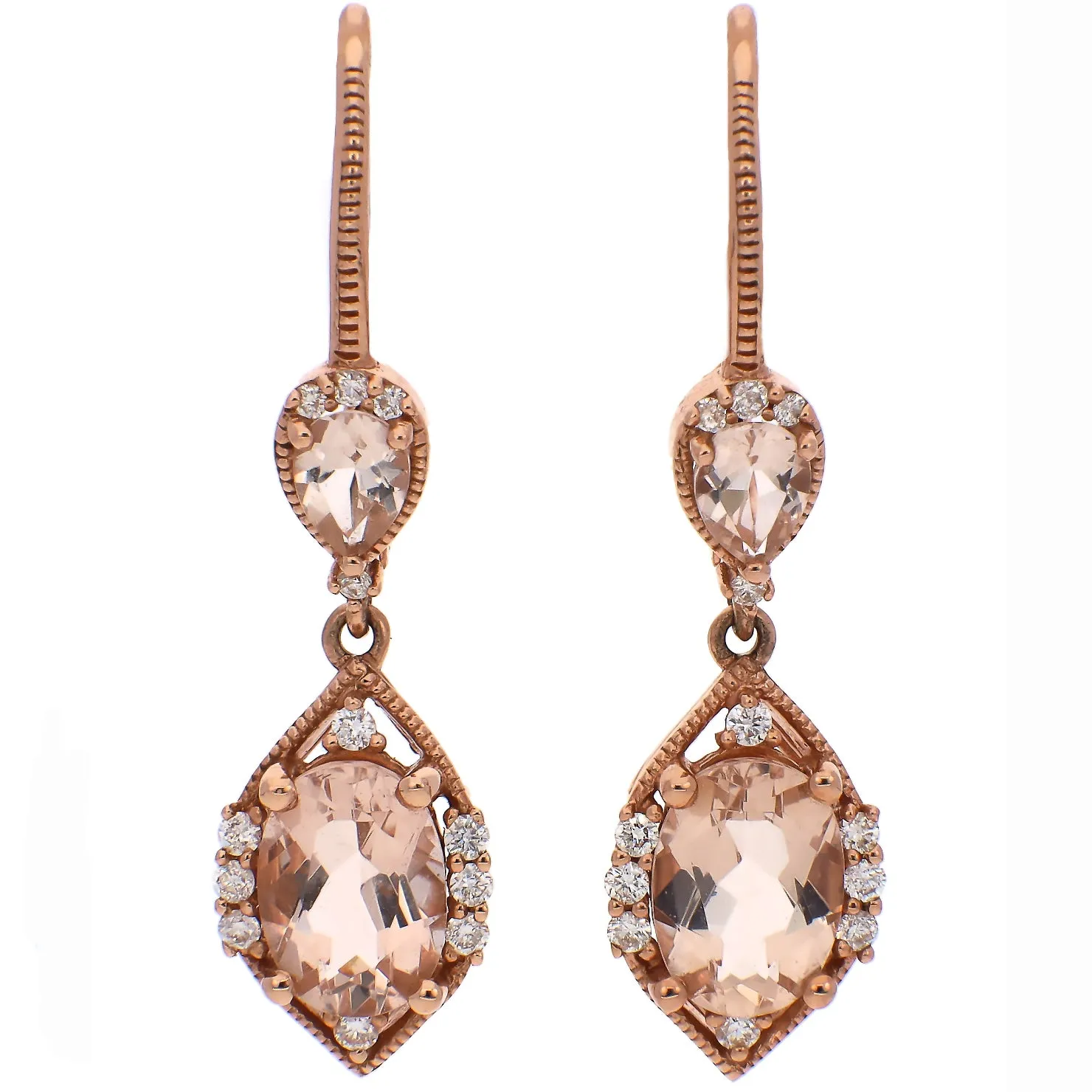 14K Rose Gold Pear Shaped and Oval Morganite and Diamond Dangle Earrings