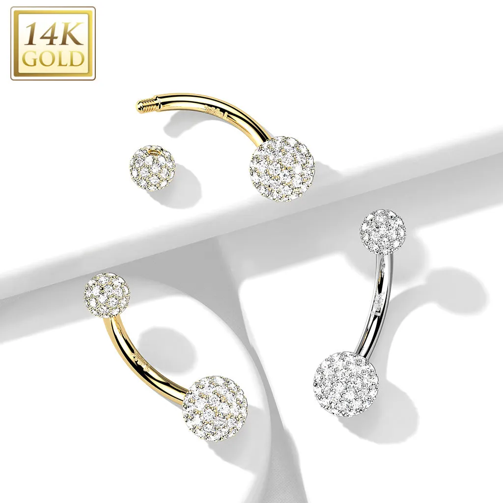 14K Solid Gold CZ Paved Balls Belly Button Navel Ring