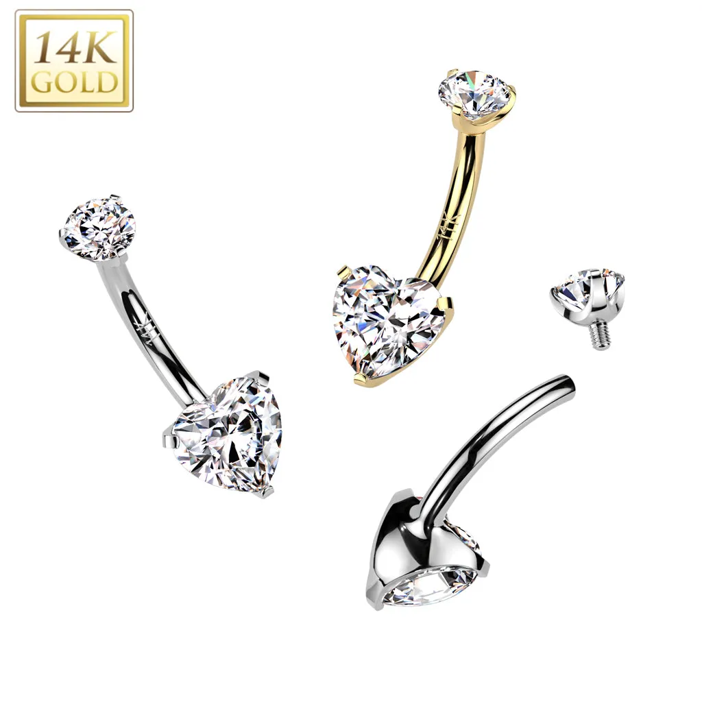 14K Solid Gold Heart Prong Set CZ Belly Button Navel Ring