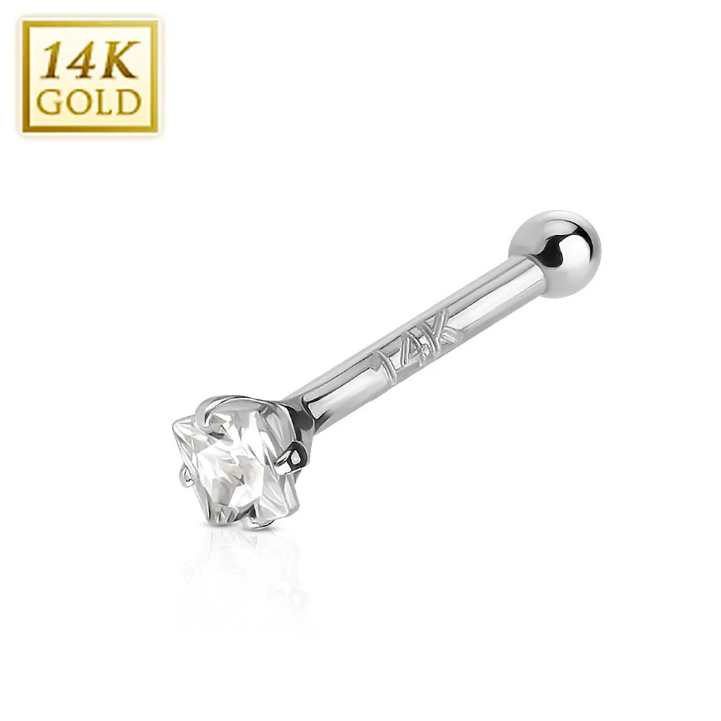 14K Solid Gold Prong Set Square CZ Nose Stud Ring