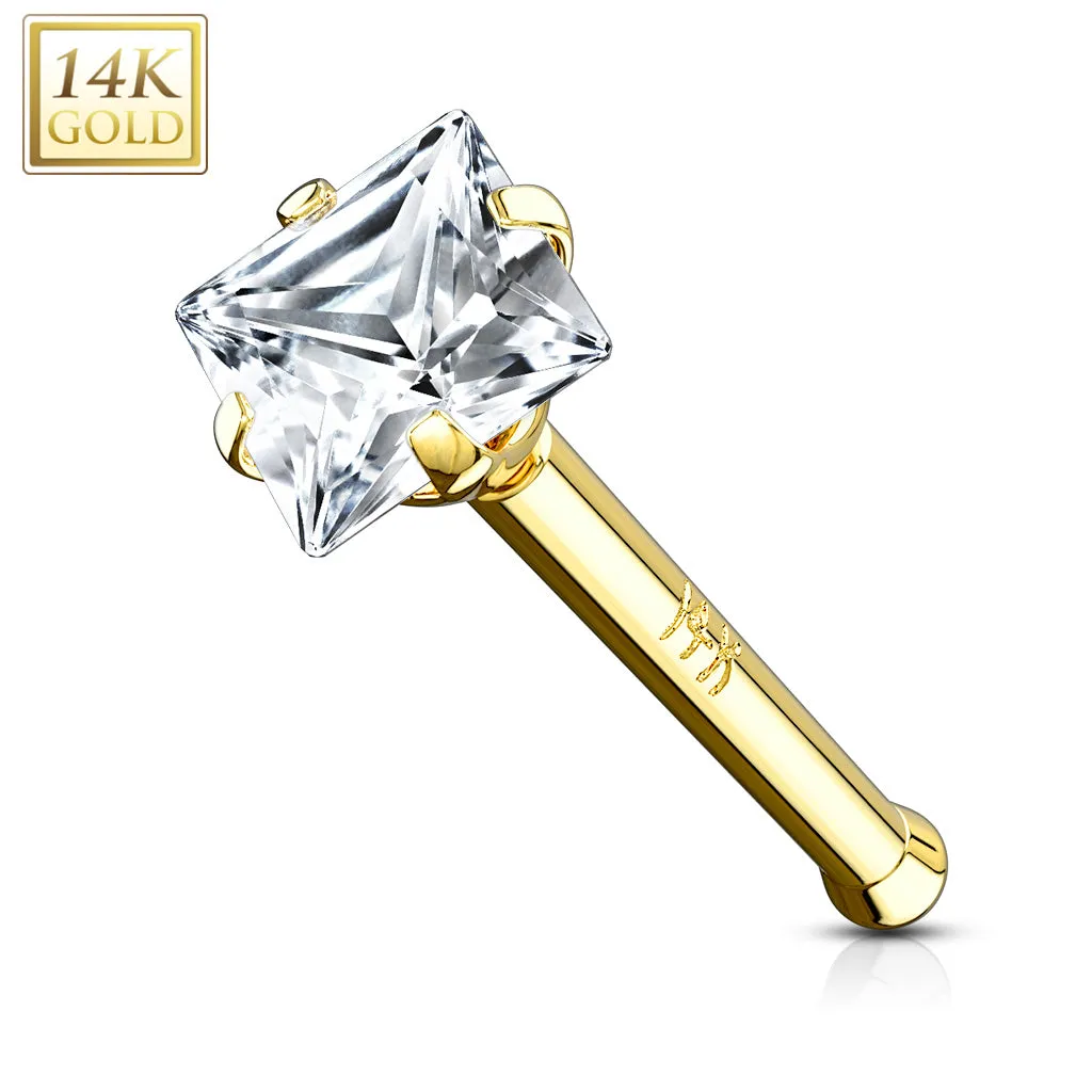 14K Solid Gold Prong Set Square CZ Nose Stud Ring