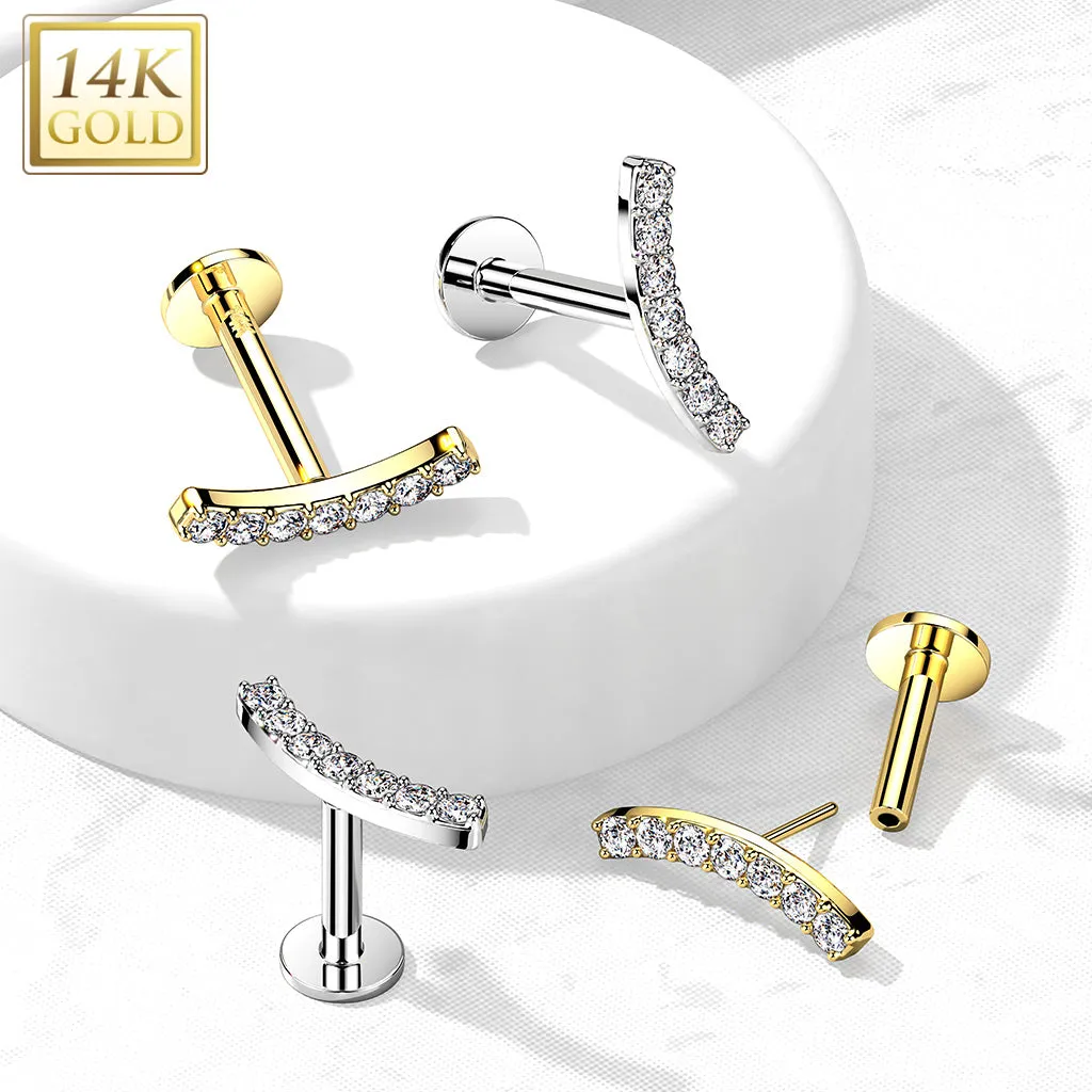 14K Solid Gold Threadless CZ Curve Top Labret Flat back Stud