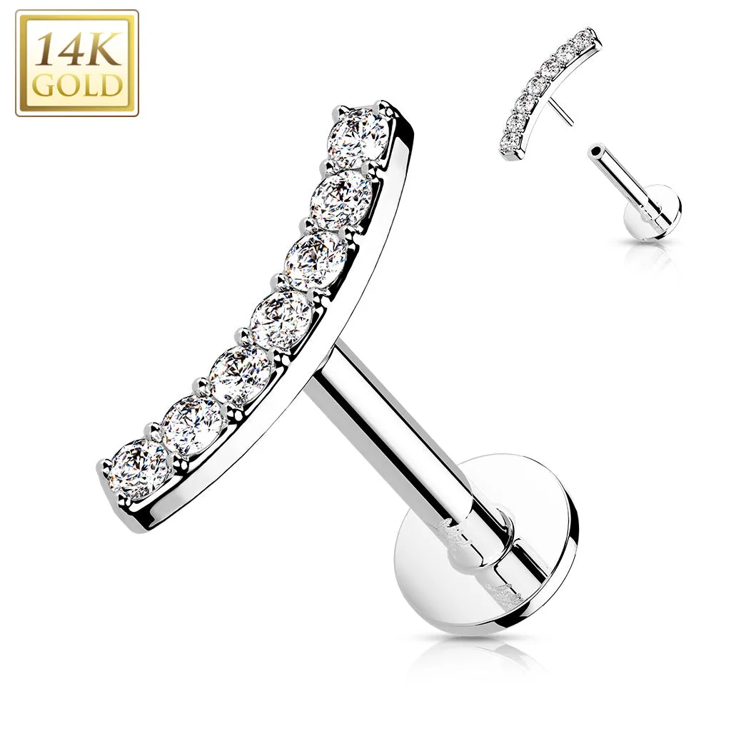 14K Solid Gold Threadless CZ Curve Top Labret Flat back Stud
