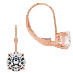 14K Solid Rose Gold Earrings | Round Cut Cubic Zirconia | Leverback Drop Dangle Basket Setting | 1.68 CTW