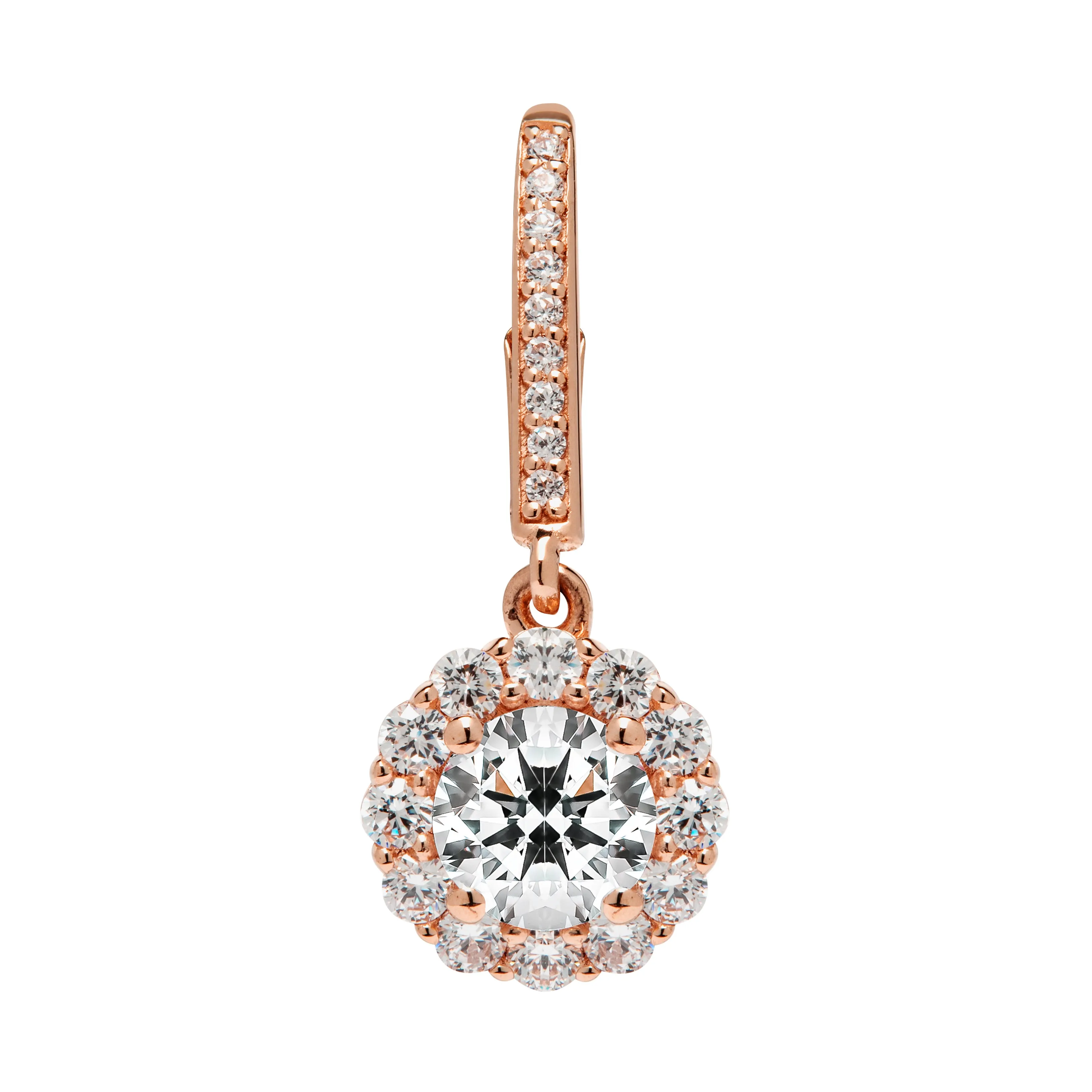 14K Solid Rose Gold Leverback Earrings | Round "Halo" Cubic Zirconia | Drop Dangle Basket Setting | .63 CT center, 1.0 CTW each, 2.0 CTW pair