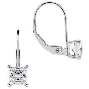 14K Solid White Gold Earrings | Princess Cut Cubic Zirconia | Leverback Drop Dangle Basket Setting | 1.0 CTW