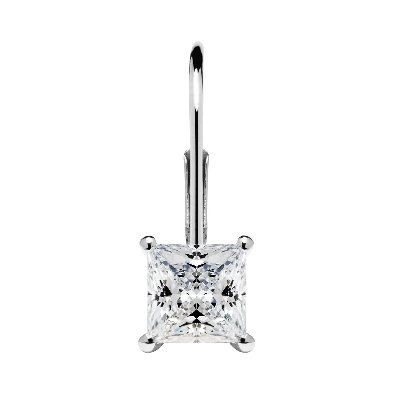14K Solid White Gold Earrings | Princess Cut Cubic Zirconia | Leverback Drop Dangle Basket Setting | 1.0 CTW