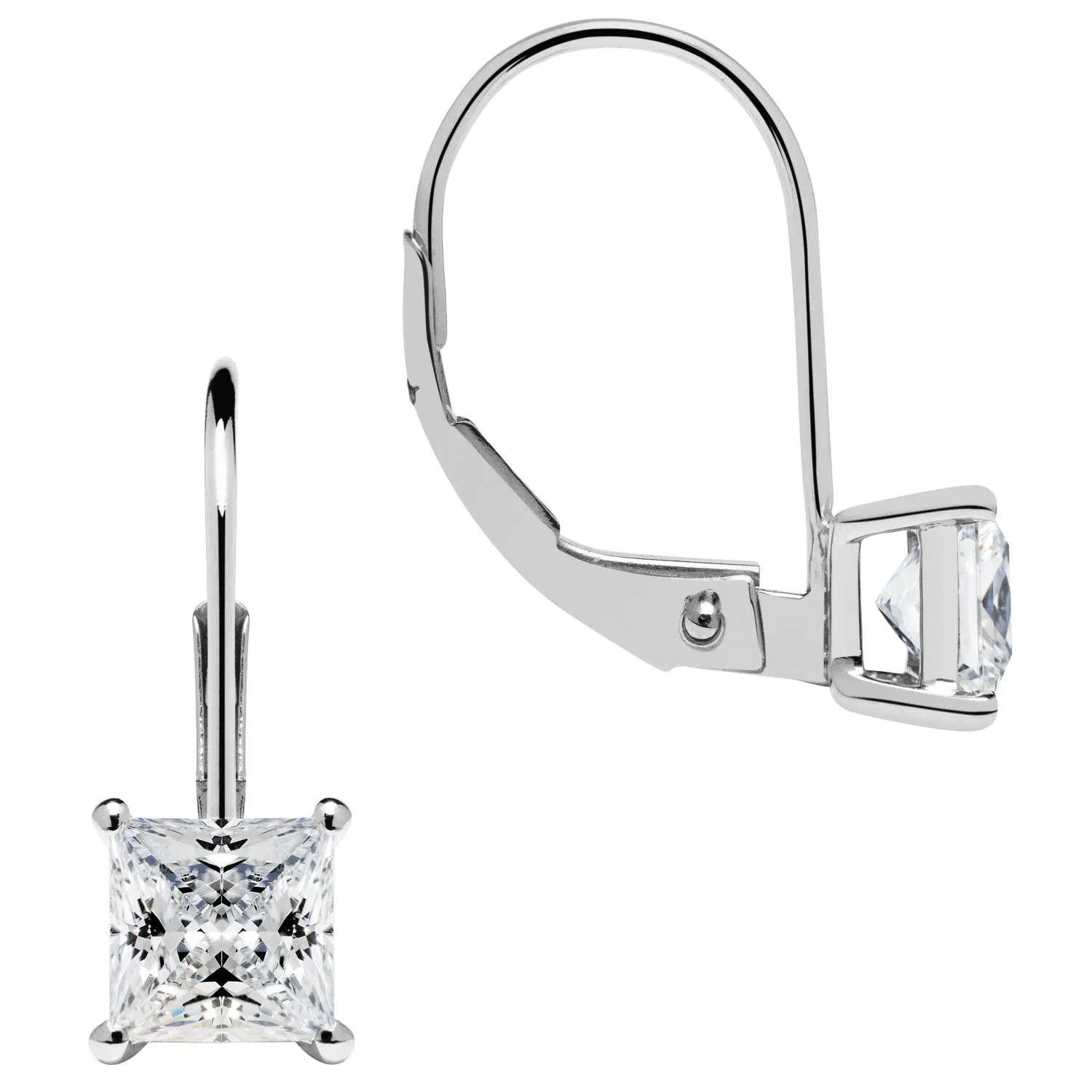 14K Solid White Gold Earrings | Princess Cut Cubic Zirconia | Leverback Drop Dangle Basket Setting | 1.0 CTW