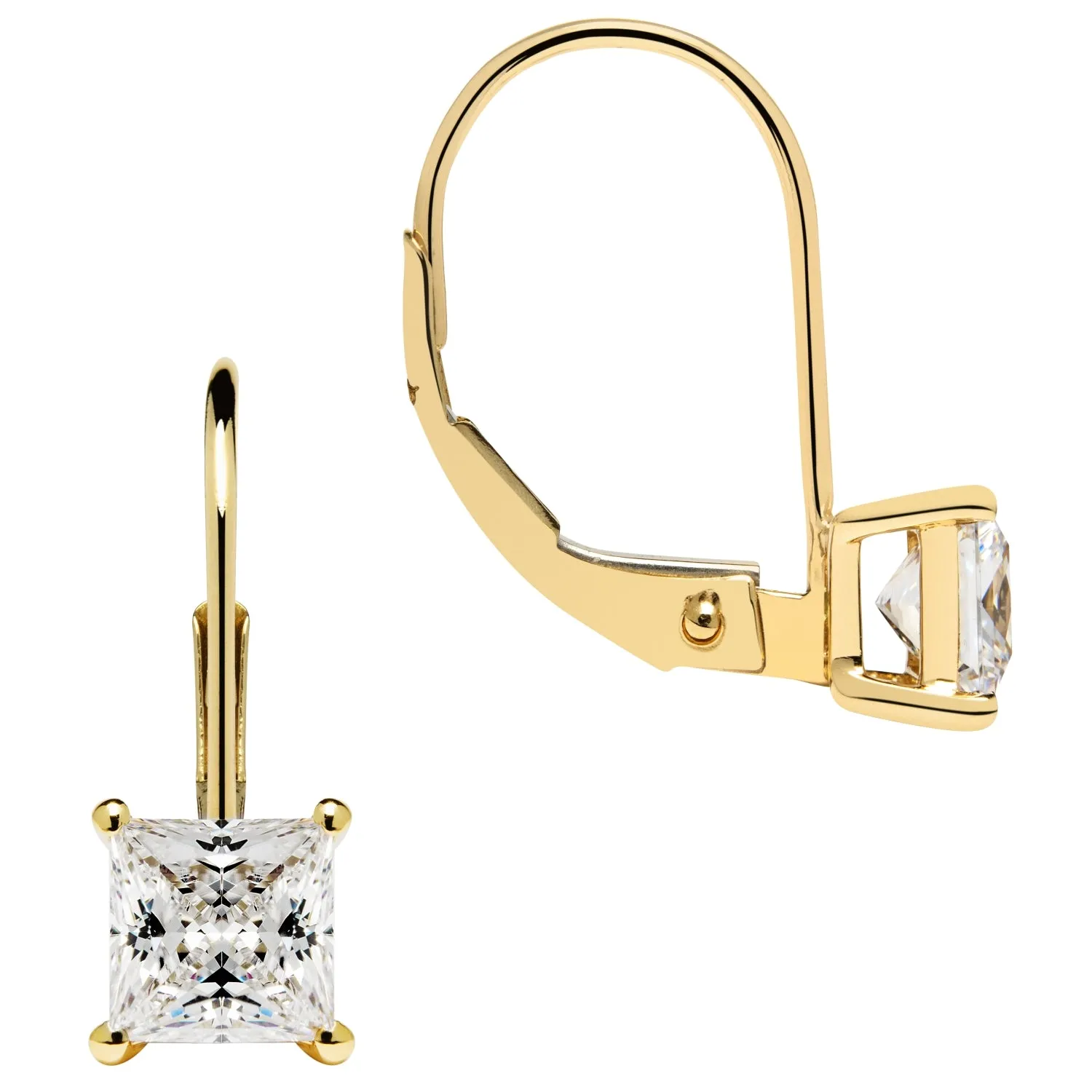 14K Solid Yellow Gold Earrings | Princess Cut Cubic Zirconia | Leverback Drop Dangle Basket Setting | 1.0 CTW
