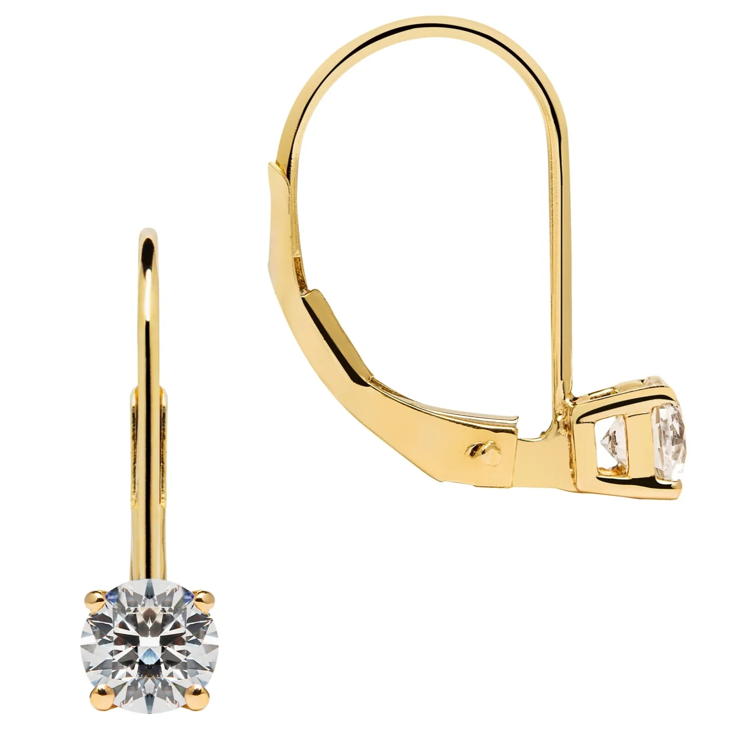 14K Solid Yellow Gold Earrings | Round Cut Cubic Zirconia | Leverback Drop Dangle Basket Setting | .50 CTW