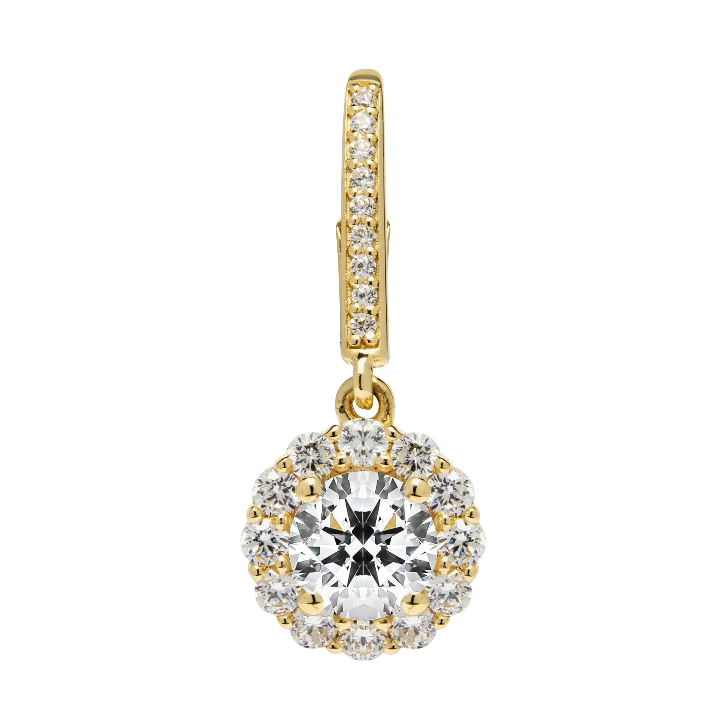 14K Solid Yellow Gold Leverback Earrings | Round "Halo" Cubic Zirconia | Drop Dangle Basket Setting | .63 CT center, 1.0 CTW each, 2.0 CTW pair