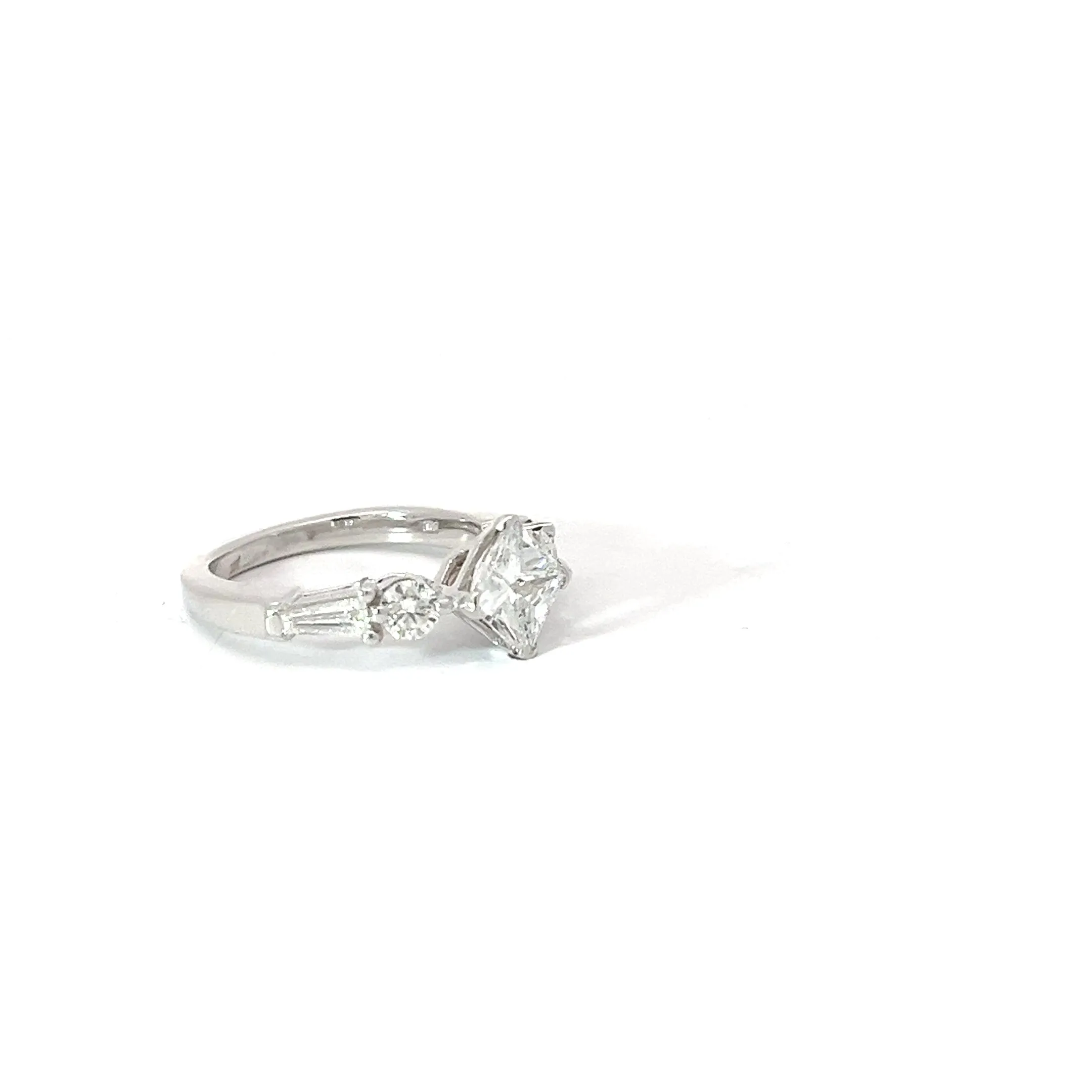 14k White Gold 1.05ct F SI2 Princess Cut Diamond/.60ct F VS2 Round and Baguette Diamond Promise Ring