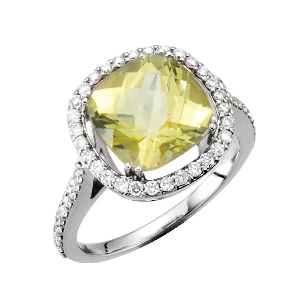 14k White Gold 1/2 CTW Diamond & 10x10mm Lemon Quartz Ring, Size 7