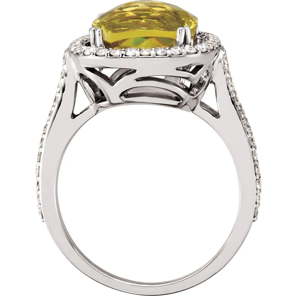 14k White Gold 1/2 CTW Diamond & 10x10mm Lemon Quartz Ring, Size 7