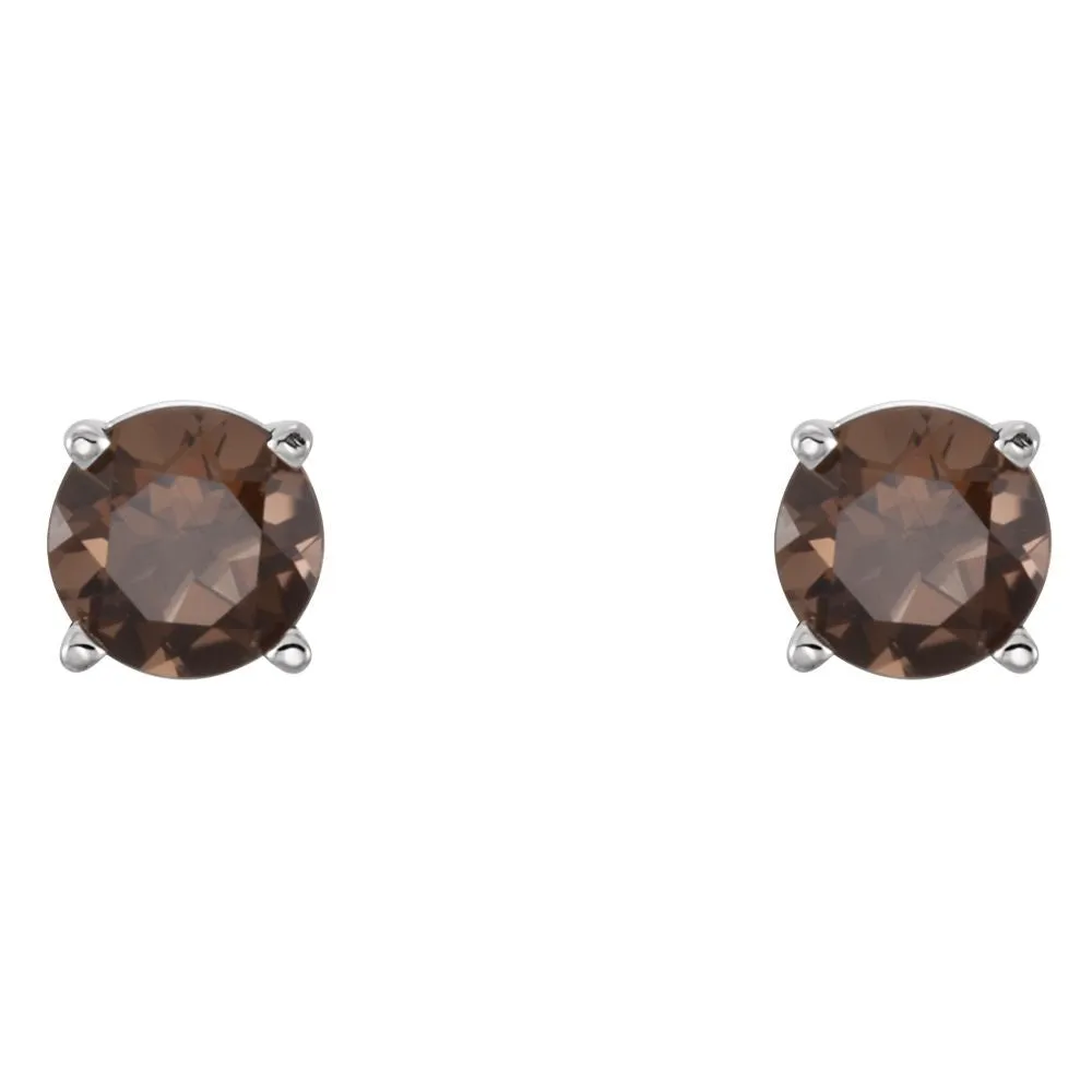 14k White Gold 5mm Round Smoky Quartz Earrings