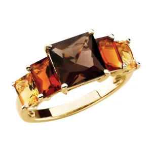 14k Yellow Gold Citrine, Madeira Citrine & Smoky Quartz 5-Stone Ring, Size 7