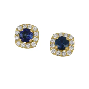 14k Yellow Gold Halo Cushion Sapphire and Diamond Earrings, SA=0.88tw D=0.38tw