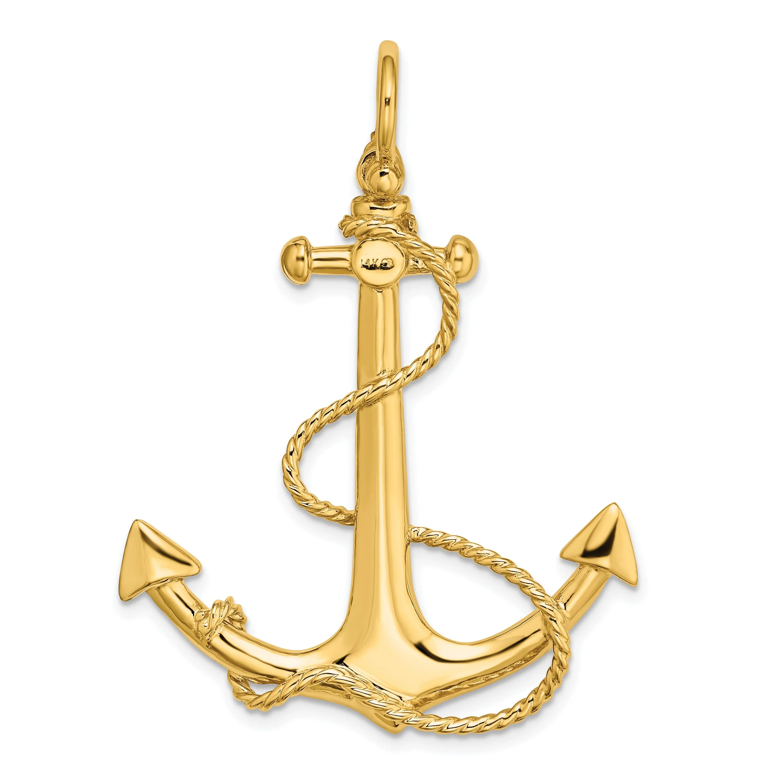 14K Yellow Gold Polished Finish 3-Dimensional Large Anchor with Rope Design Charm Pendant