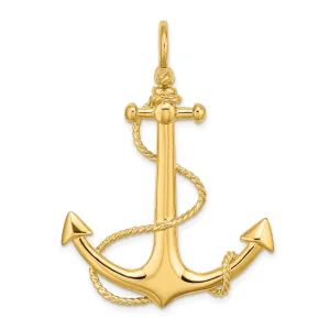 14K Yellow Gold Polished Finish 3-Dimensional Large Anchor with Rope Design Charm Pendant