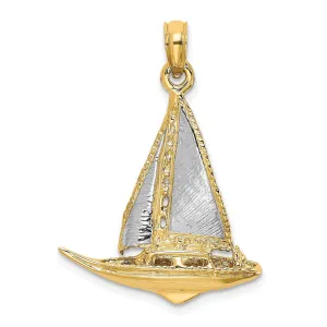 14K Yellow Gold Rhodium 3-Dimensional Texture Polished Finished Sailboat Charm Pendant