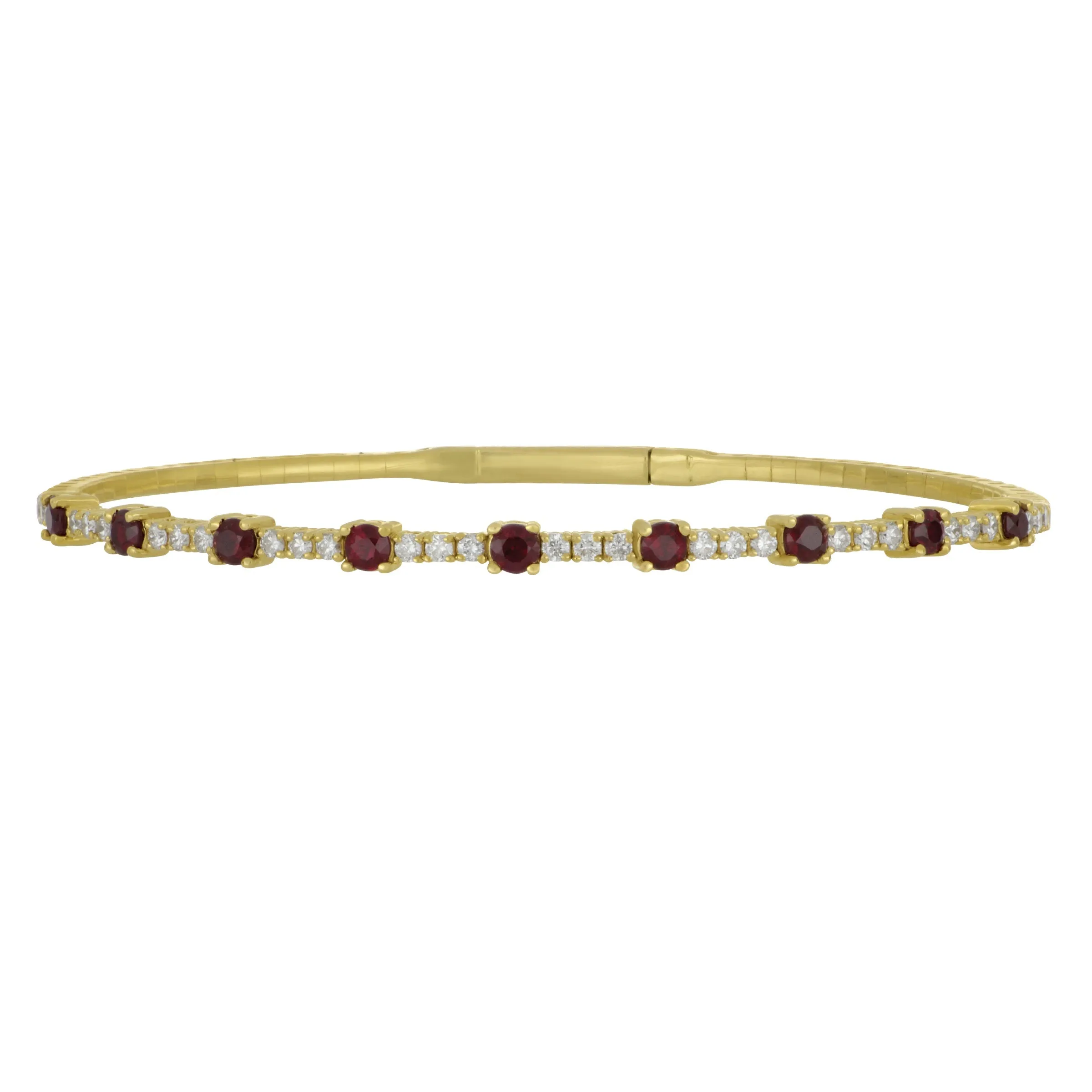 14k Yellow Gold Ruby and Diamond Line Bangle Bracelet, RU=1.09tw D=0.53tw GH/SI
