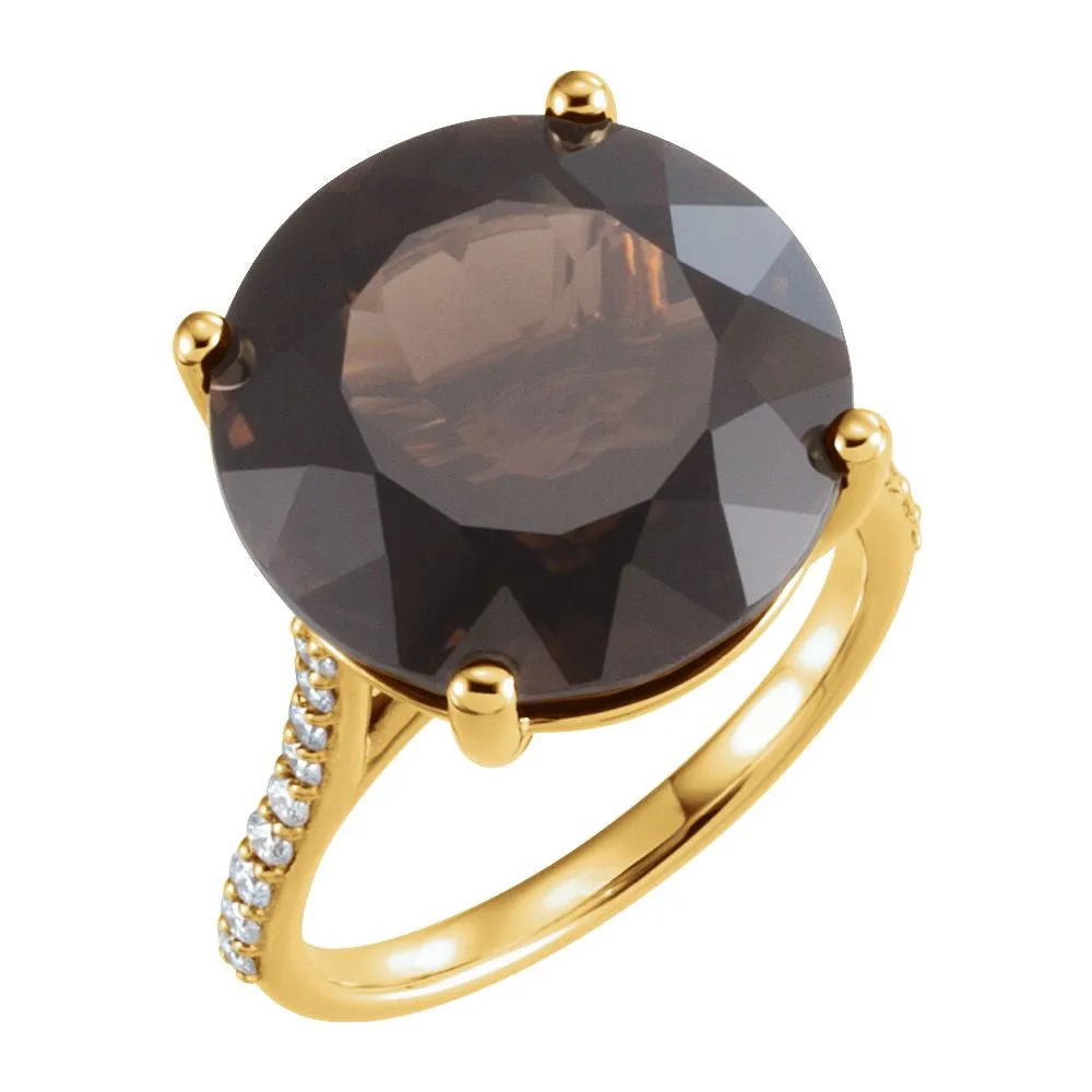 14k Yellow Gold Smoky Quartz & 1/4 CTW Accented Diamond Ring , Size 7