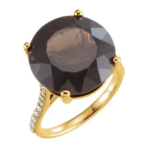 14k Yellow Gold Smoky Quartz & 1/4 CTW Accented Diamond Ring , Size 7