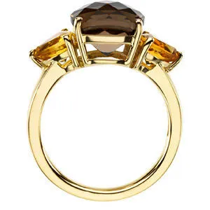 14k Yellow Gold Smoky Quartz & Citrine 3-Stone Ring, Size 7