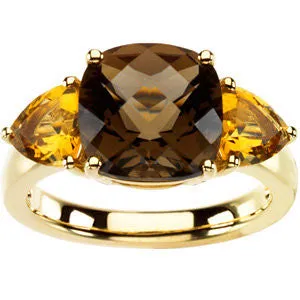 14k Yellow Gold Smoky Quartz & Citrine 3-Stone Ring, Size 7