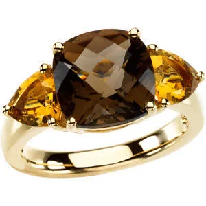 14k Yellow Gold Smoky Quartz & Citrine 3-Stone Ring, Size 7
