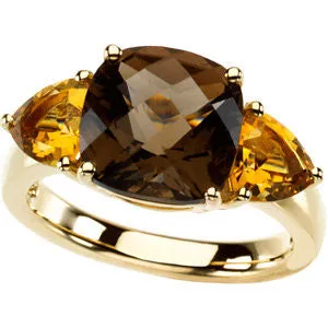 14k Yellow Gold Smoky Quartz & Citrine 3-Stone Ring, Size 7