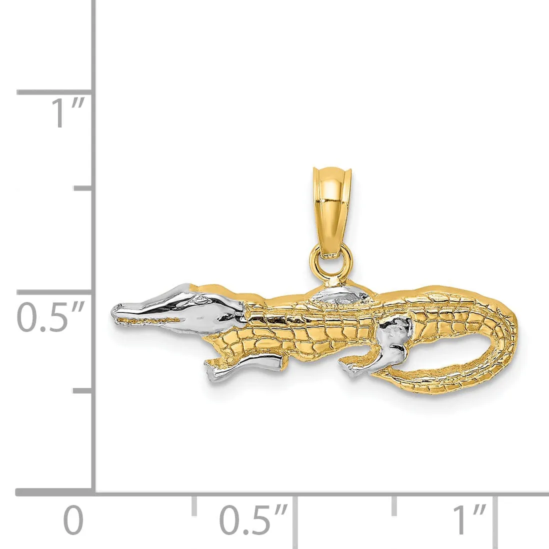 14k Yellow Gold White Rhodium Textured Polished Finish 2-Dimensiona  Alligator Charm Pendant