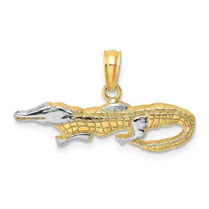 14k Yellow Gold White Rhodium Textured Polished Finish 2-Dimensiona  Alligator Charm Pendant