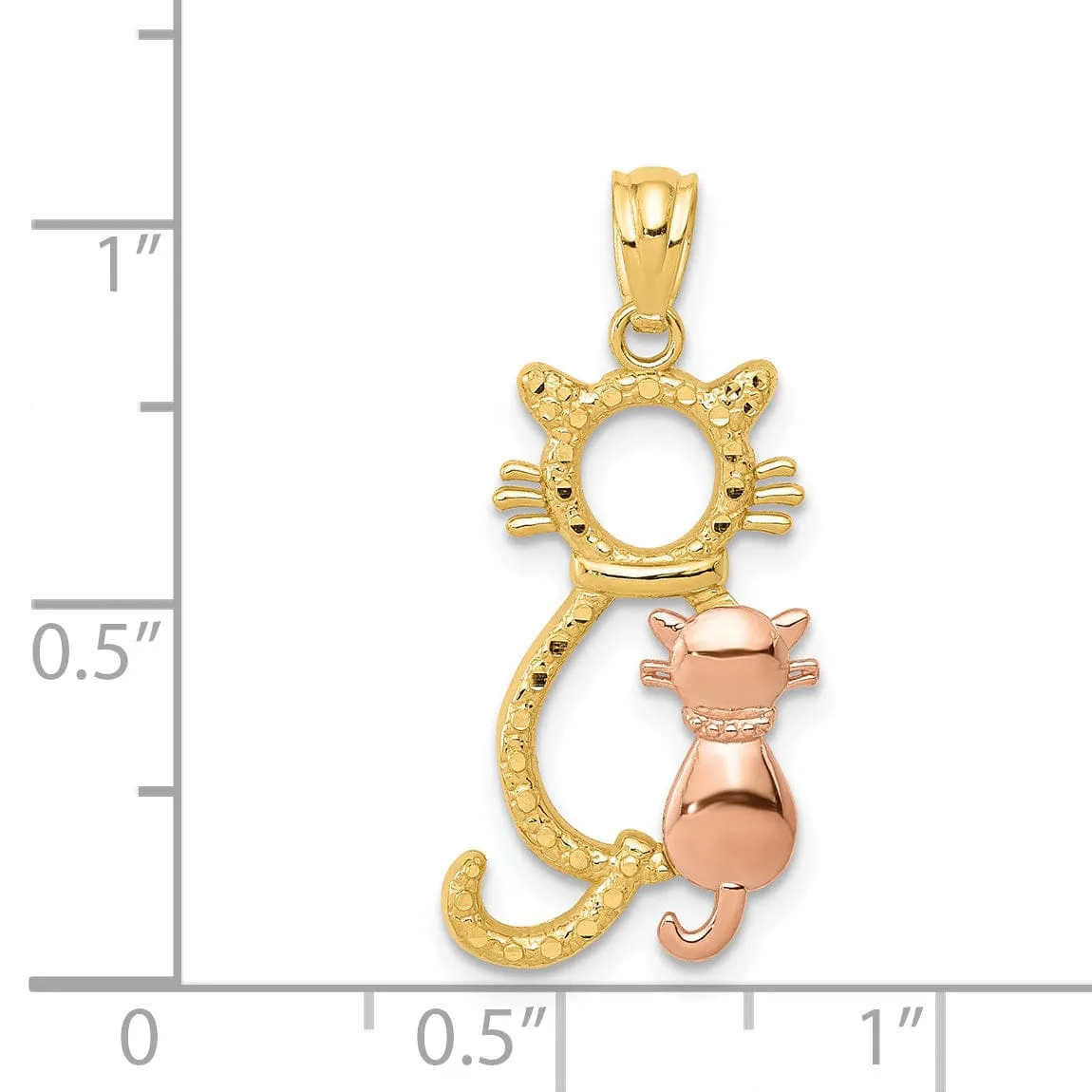 14k Yellow Rose Gold Polished Diamond Cut Polished Finish Concave Shape 2-Cats Sitting Design Charm Pendant