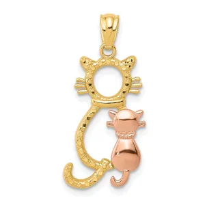 14k Yellow Rose Gold Polished Diamond Cut Polished Finish Concave Shape 2-Cats Sitting Design Charm Pendant