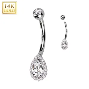 14kt Solid White Gold Cubic Zirconia Deco Tear Drop Belly Ring