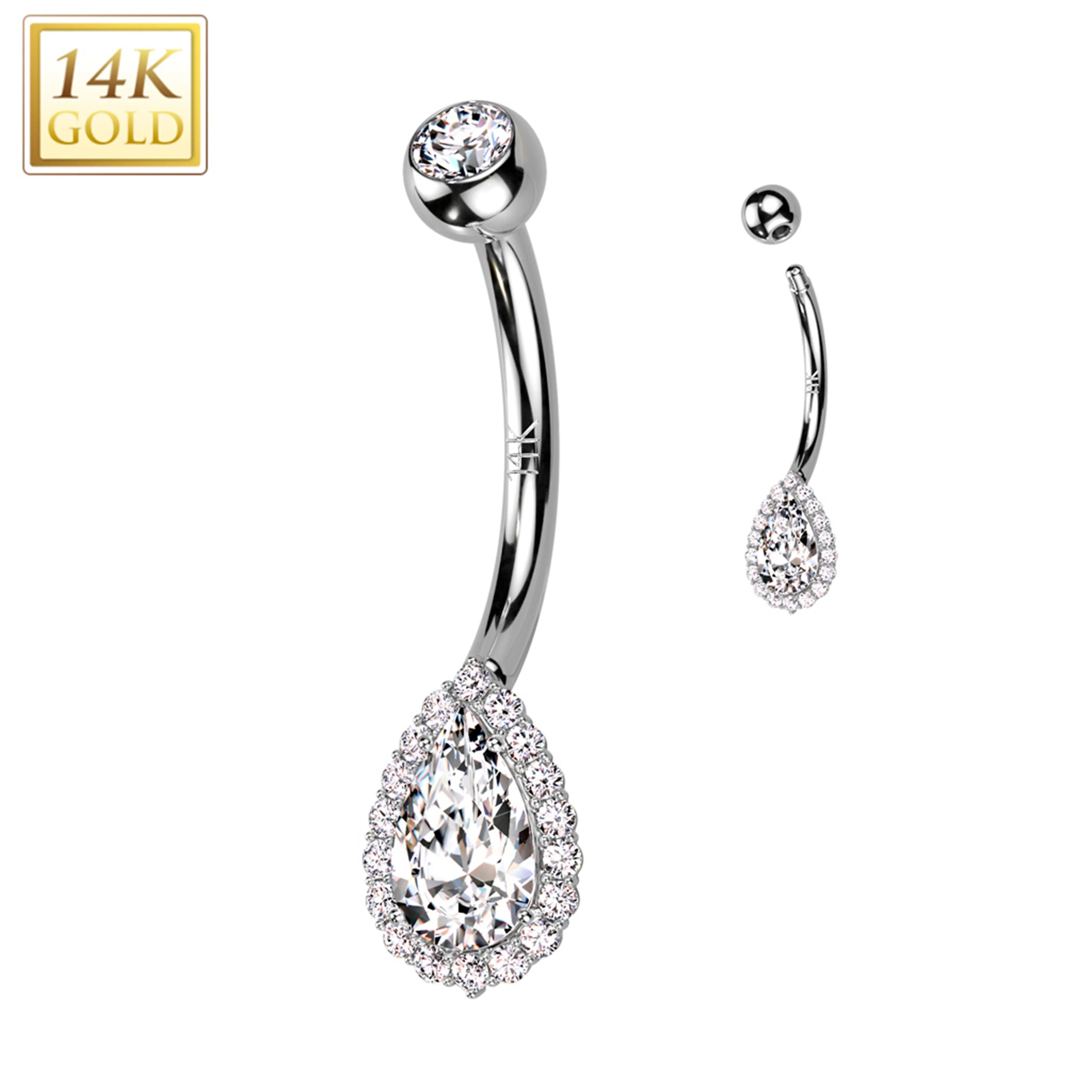 14kt Solid White Gold Cubic Zirconia Deco Tear Drop Belly Ring