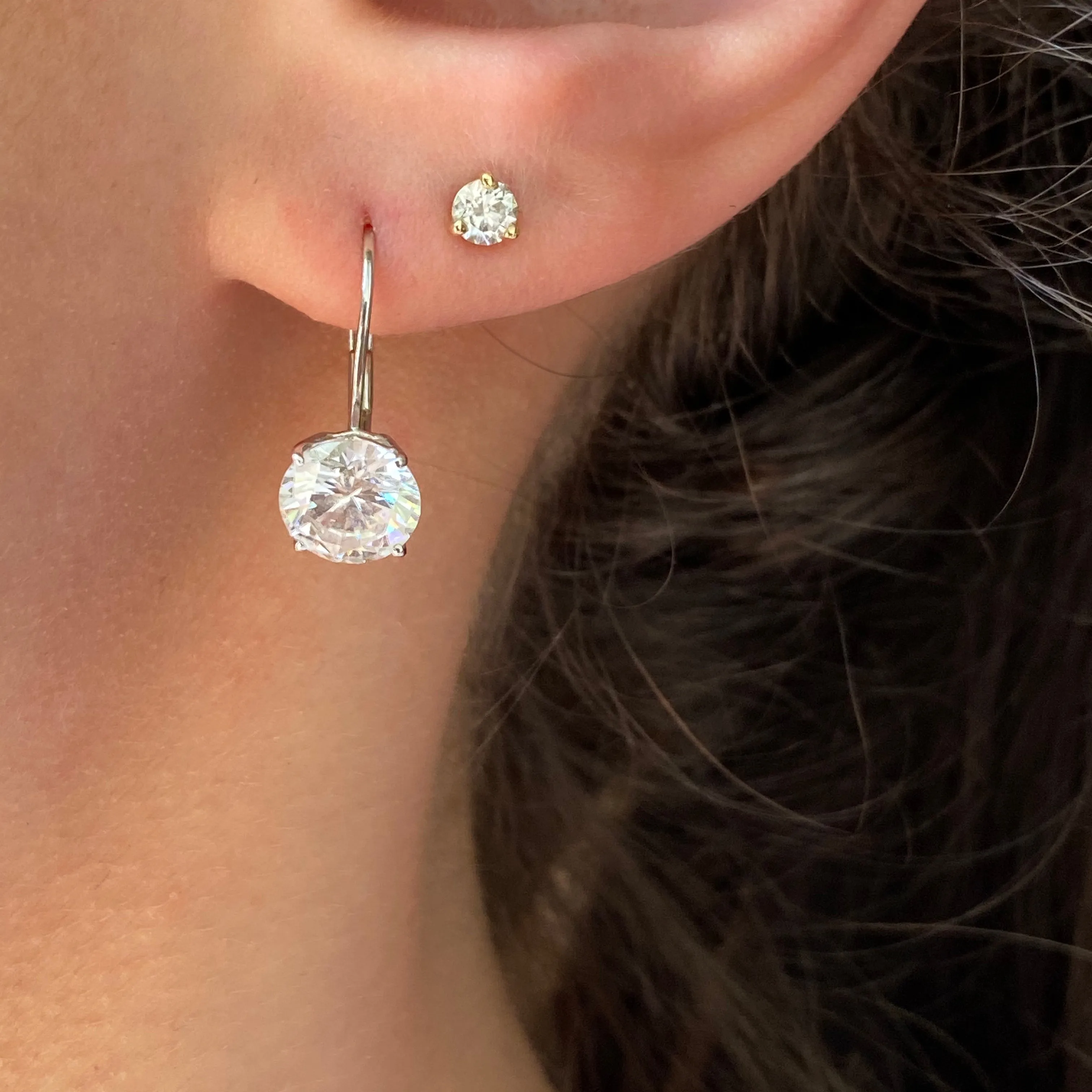 14KT White Gold Round CZ Stone Lever Back Earrings 7.5mm