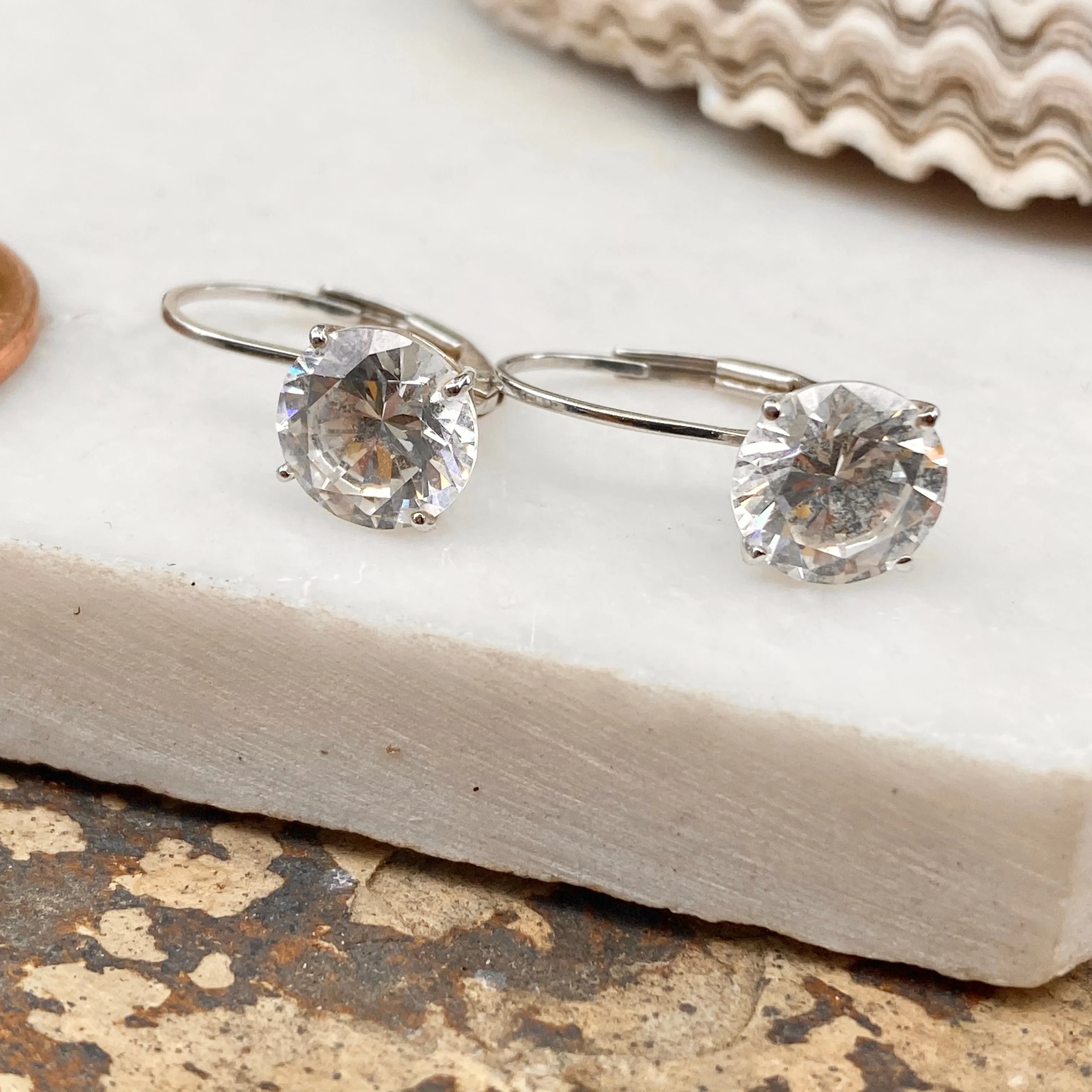 14KT White Gold Round CZ Stone Lever Back Earrings 7.5mm