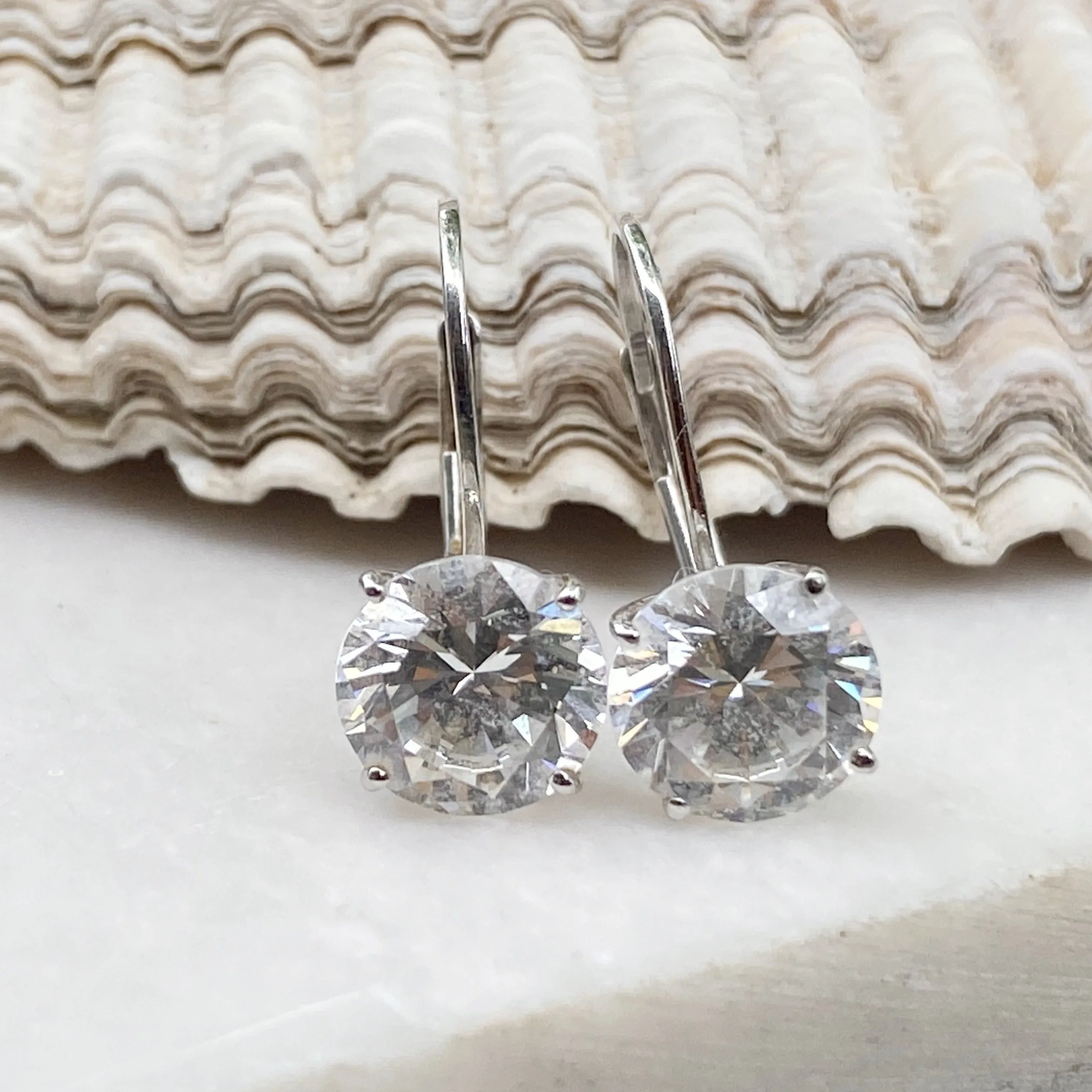 14KT White Gold Round CZ Stone Lever Back Earrings 7.5mm