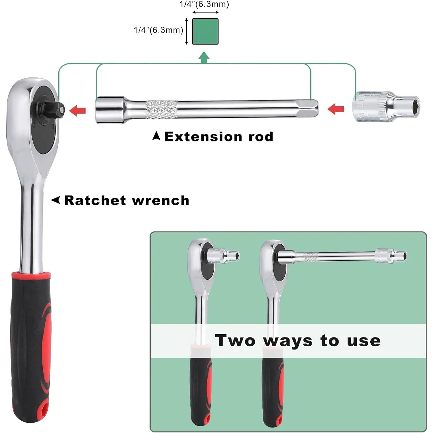 1/4" Drive Socket Set with Ratchet & Extension Bar | 10 Pieces (4-13mm)