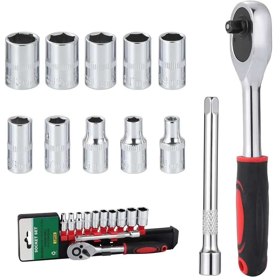 1/4" Drive Socket Set with Ratchet & Extension Bar | 10 Pieces (4-13mm)