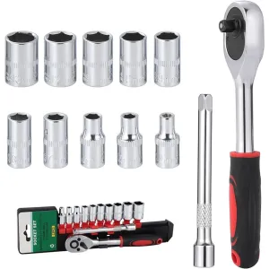 1/4" Drive Socket Set with Ratchet & Extension Bar | 10 Pieces (4-13mm)