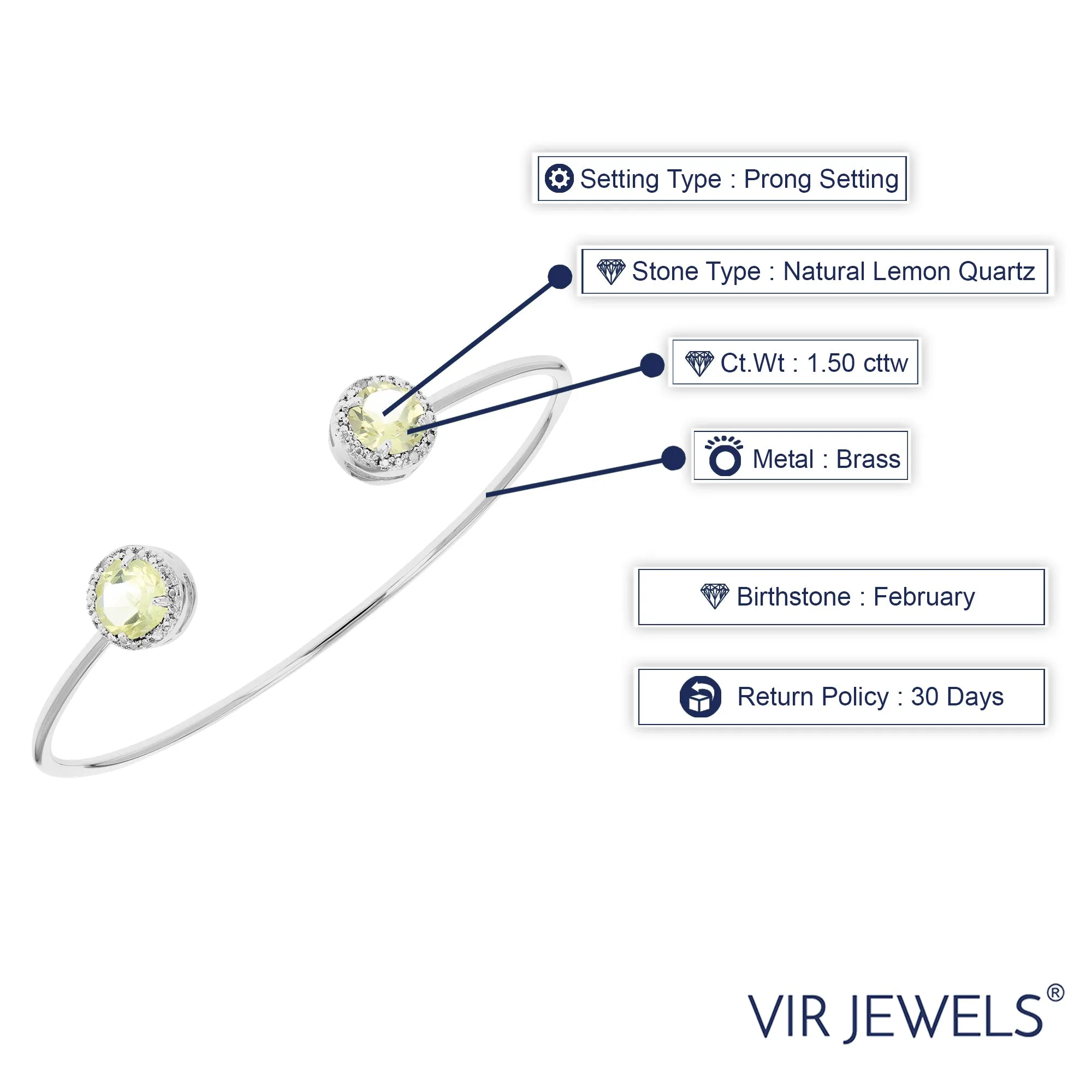 1.50 cttw Lemon Quartz Bangle Bracelet Brass With Rhodium Plating 7 MM Round