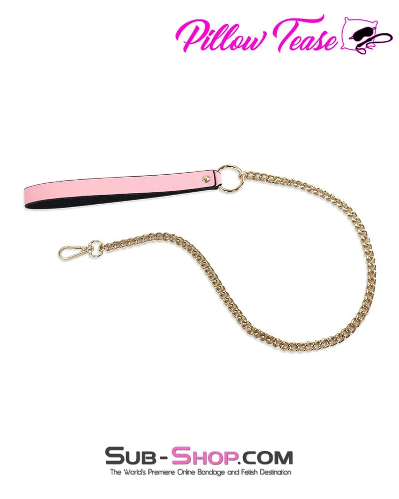1588DL      Belled Princess Pink Bondage Collar with Gold Hardware and Leash