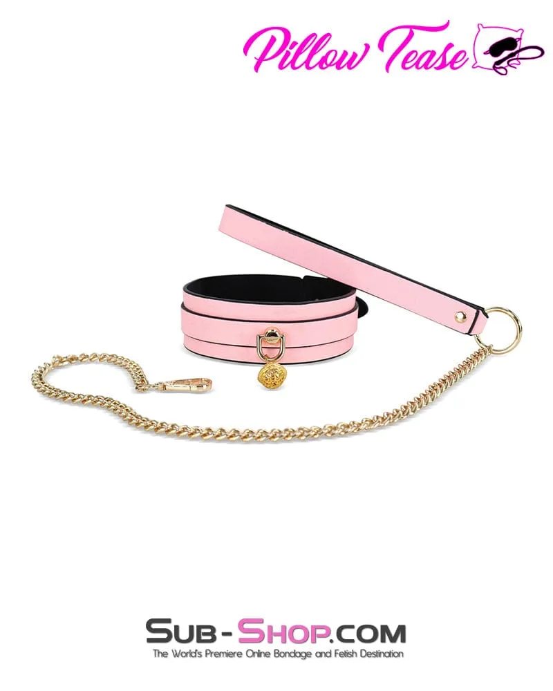 1588DL      Belled Princess Pink Bondage Collar with Gold Hardware and Leash