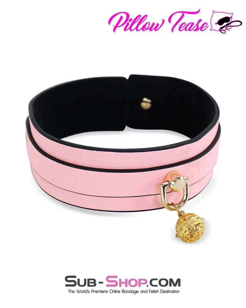 1588DL      Belled Princess Pink Bondage Collar with Gold Hardware and Leash