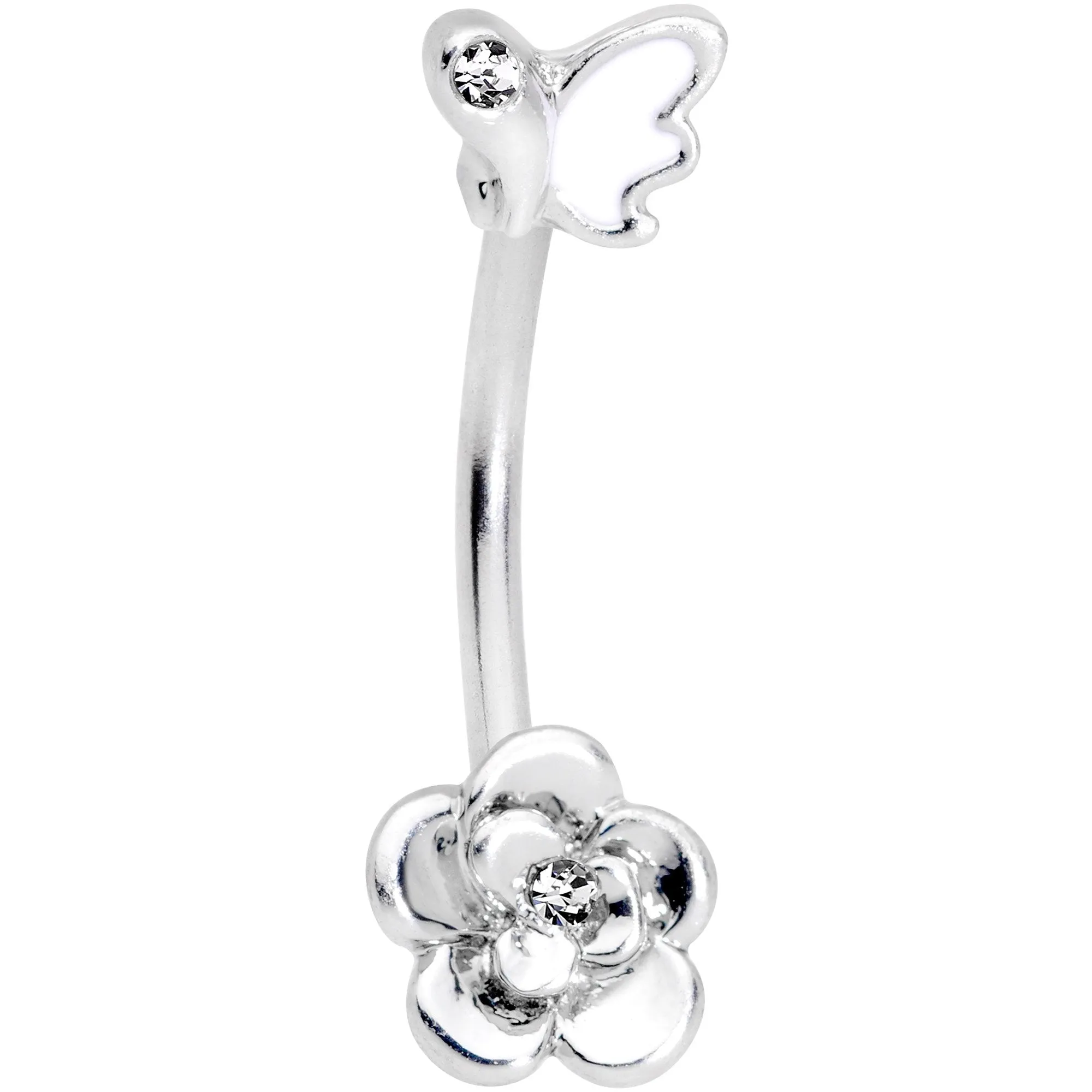 16 Gauge 3/8 Clear Gem White Butterfly Flower Curved Eyebrow Ring